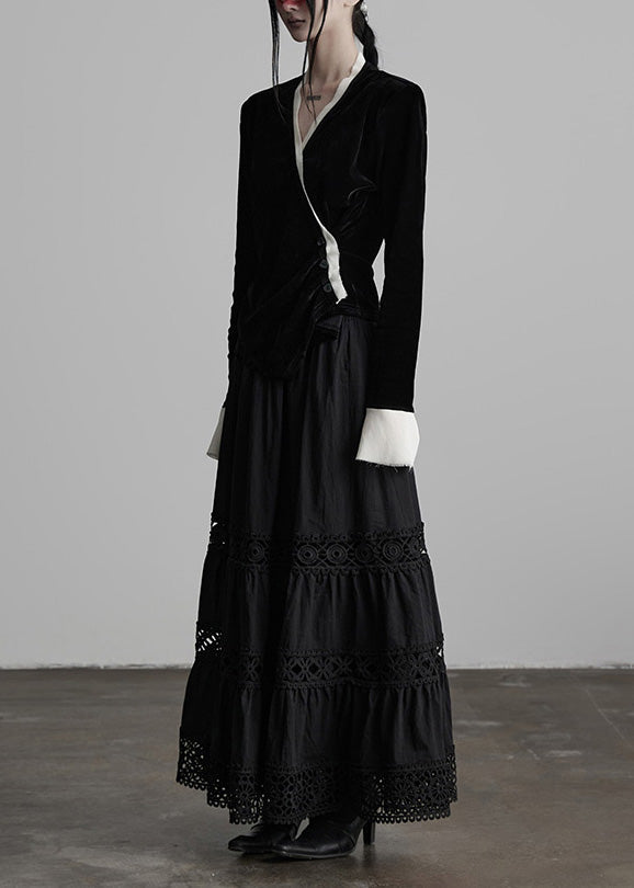 Unique Black V Neck Patchwork Silk Velour Top Spring