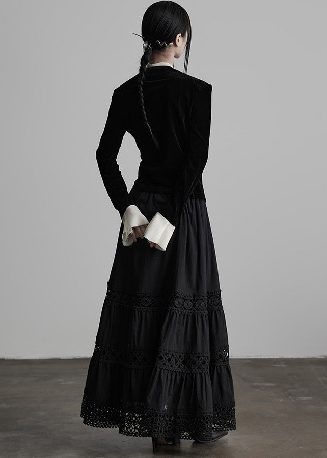 Unique Black V Neck Patchwork Silk Velour Top Spring