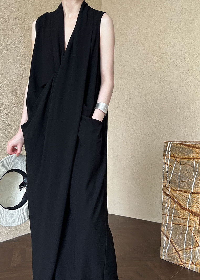 Unique Black V Neck Pockets Cotton Maxi Dresses Sleeveless