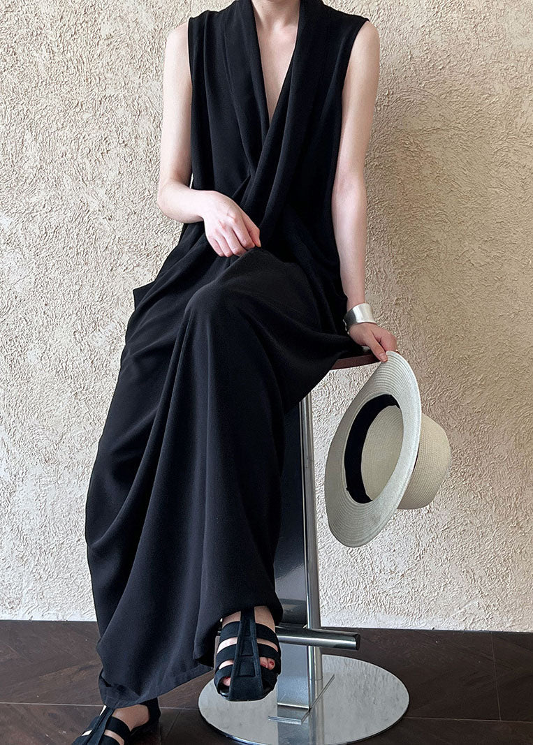 Unique Black V Neck Pockets Cotton Maxi Dresses Sleeveless