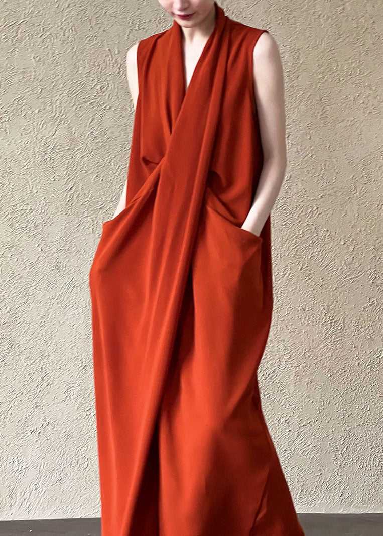 Unique Black V Neck Pockets Cotton Maxi Dresses Sleeveless