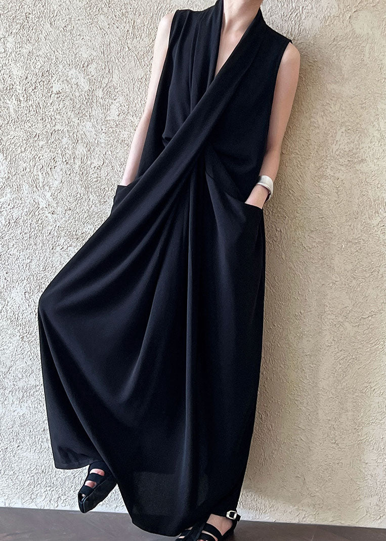 Unique Black V Neck Pockets Cotton Maxi Dresses Sleeveless