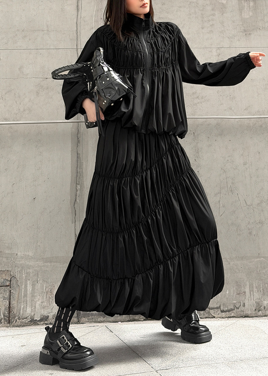 Unique Black Zip Up Wrinkled Cotton Two Pieces Set Fall
