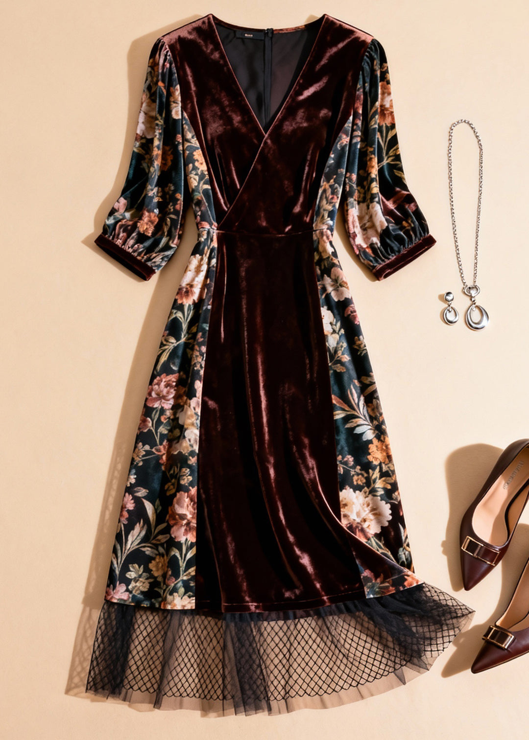 Unique Blackish Green Print Tulle Patchwork Silk Velvet Dresses Half Sleeve