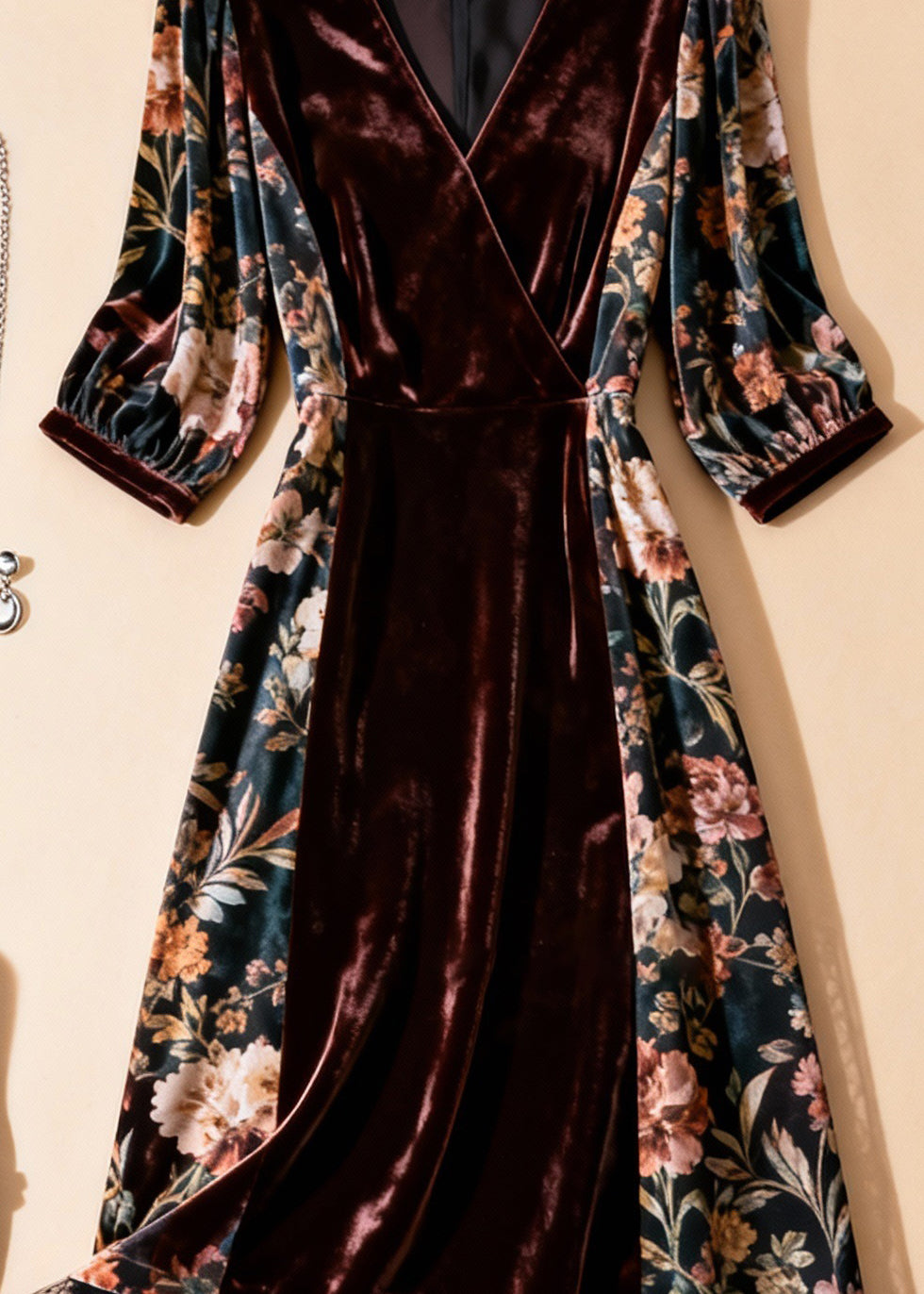 Unique Blackish Green Print Tulle Patchwork Silk Velvet Dresses Half Sleeve