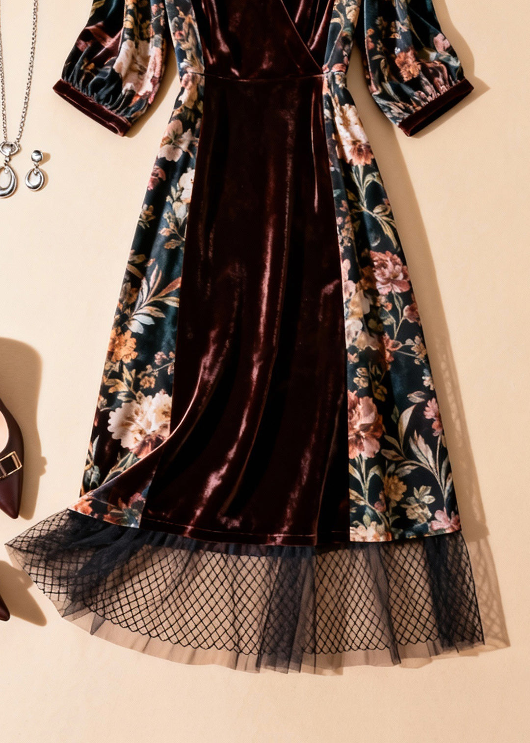 Unique Blackish Green Print Tulle Patchwork Silk Velvet Dresses Half Sleeve