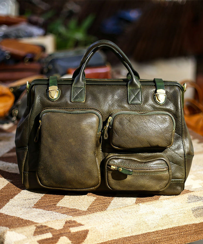 Unique Blackish Green Solid Durable Pockets Leather Tote Handbag