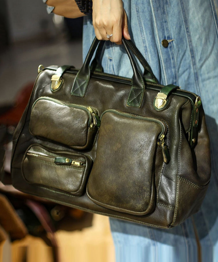 Unique Blackish Green Solid Durable Pockets Leather Tote Handbag