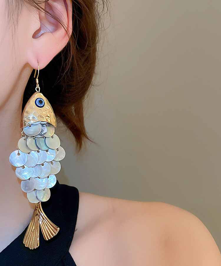 Unique Blue Alloy Shell Fish Scale Drop Earrings