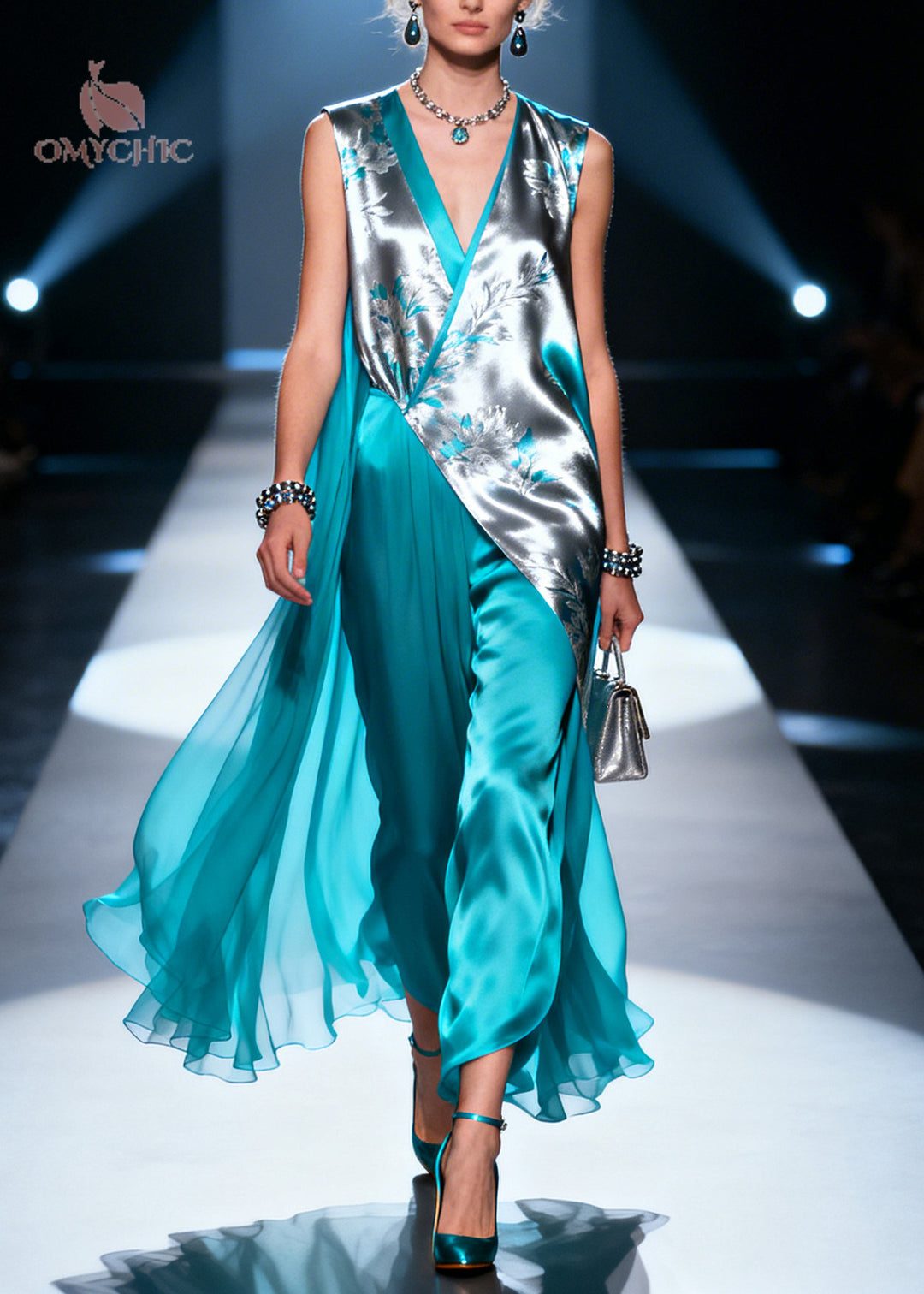 Unique Blue Asymmetrical Design Print Silk Long Dress Summer