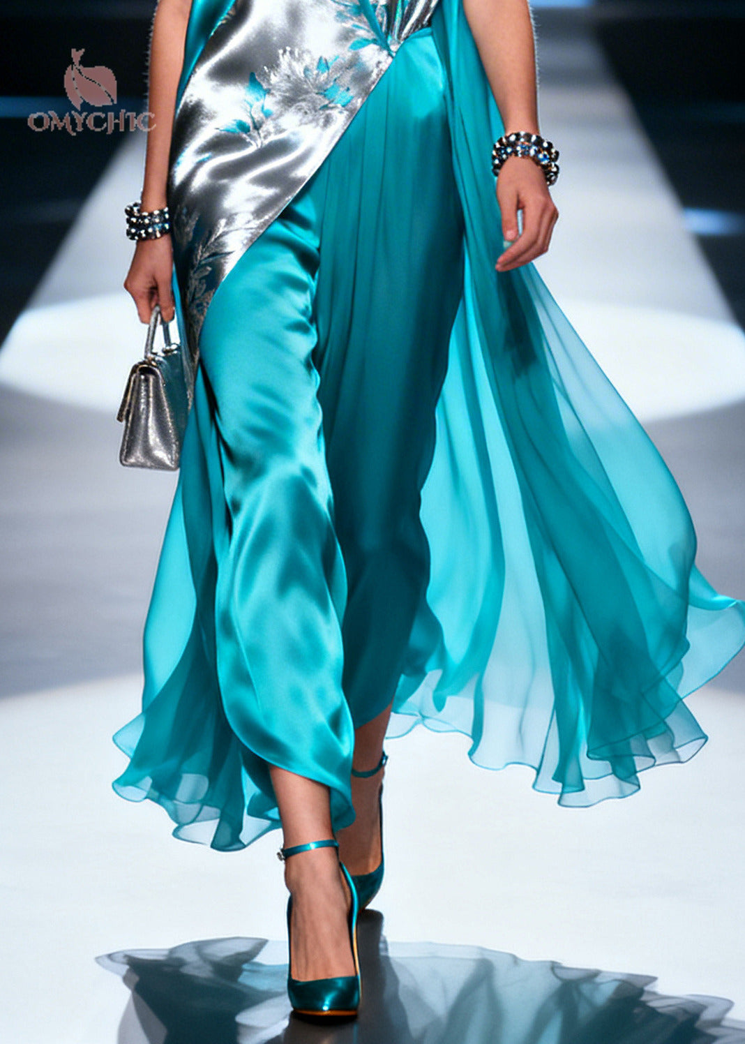 Unique Blue Asymmetrical Design Print Silk Long Dress Summer