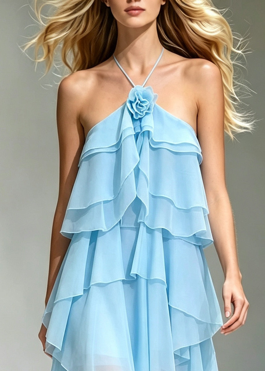 Unique Blue Backless Floral Chiffon Halter Dresses Summer