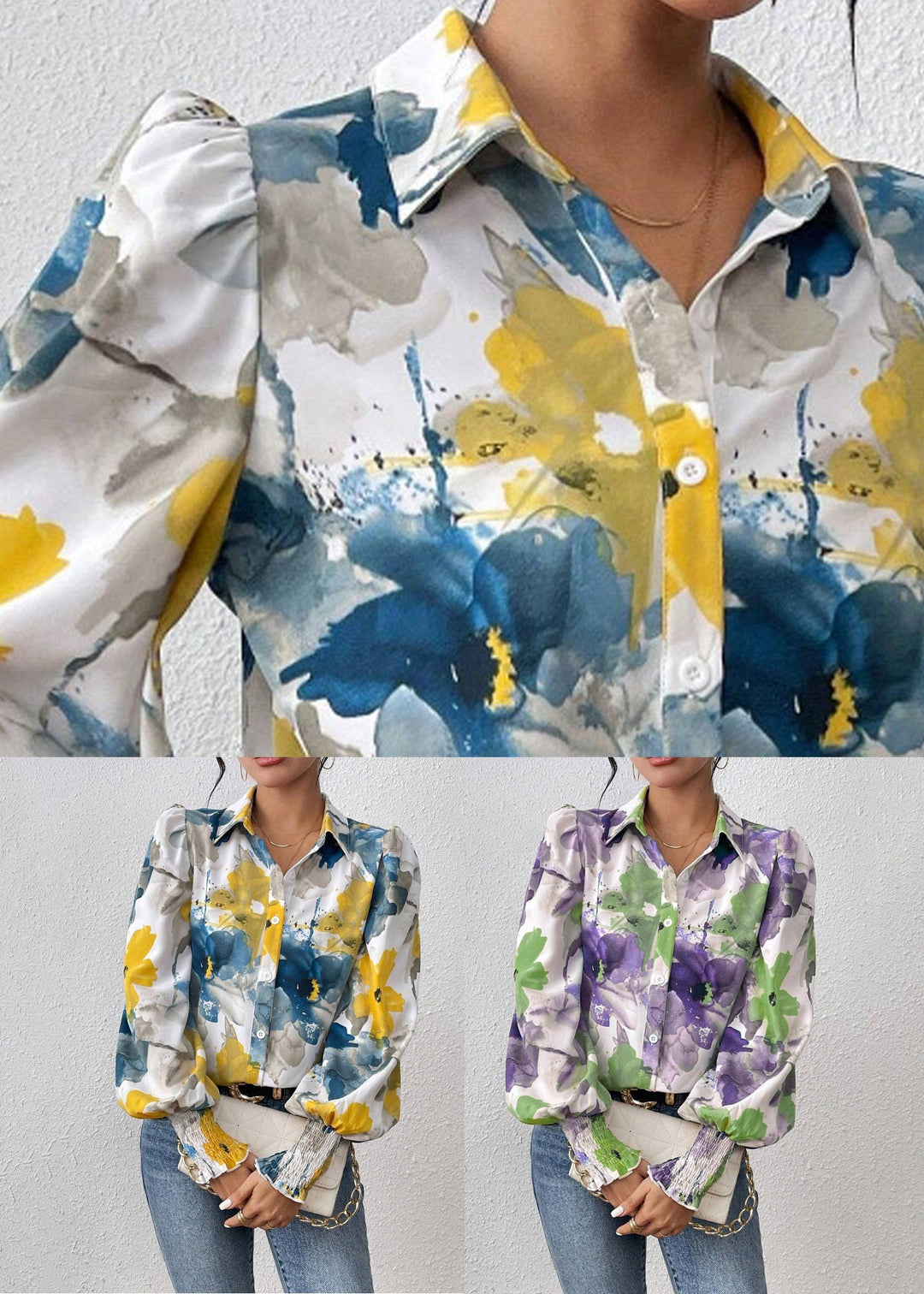 Unique Blue Button Print Cotton Blouses Spring