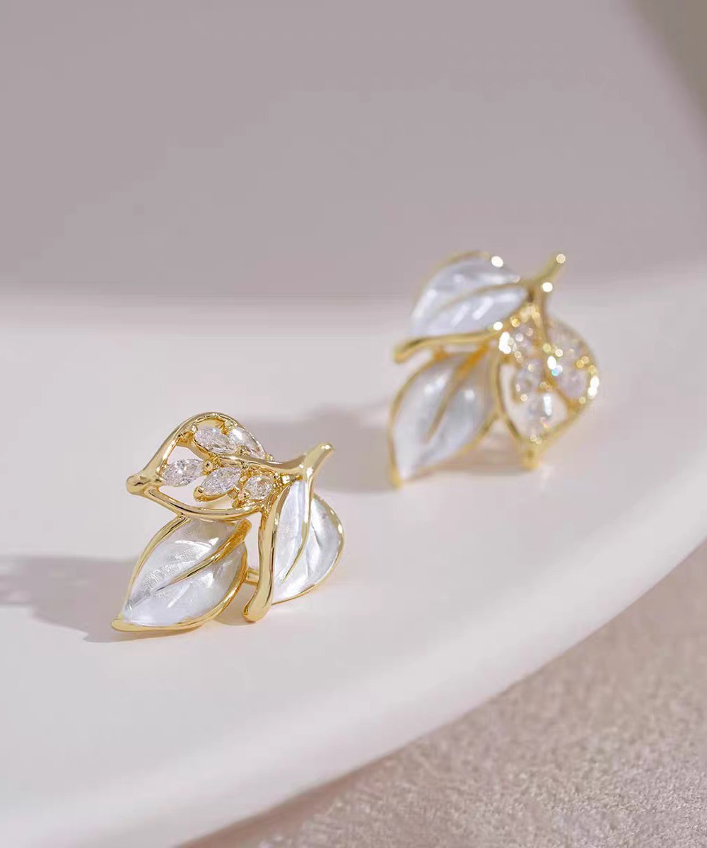 Unique Blue Copper Overgild Zircon Leaf Stud Earrings