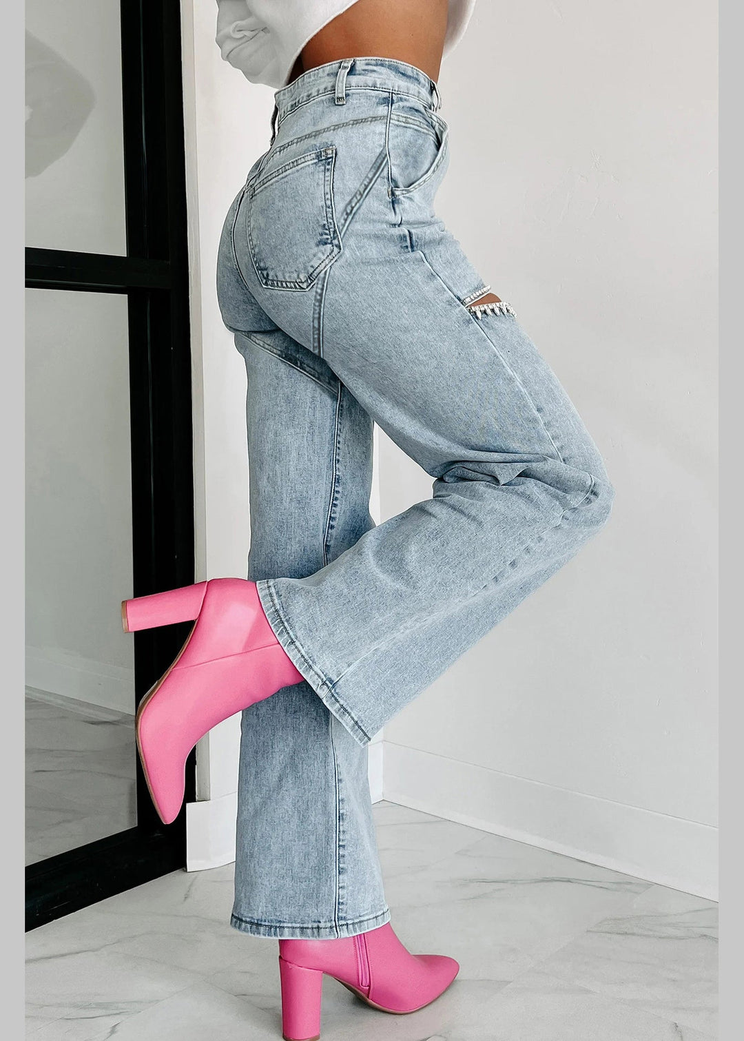 Unique Blue High Waist Pockets Hole Straight Jeans Summer