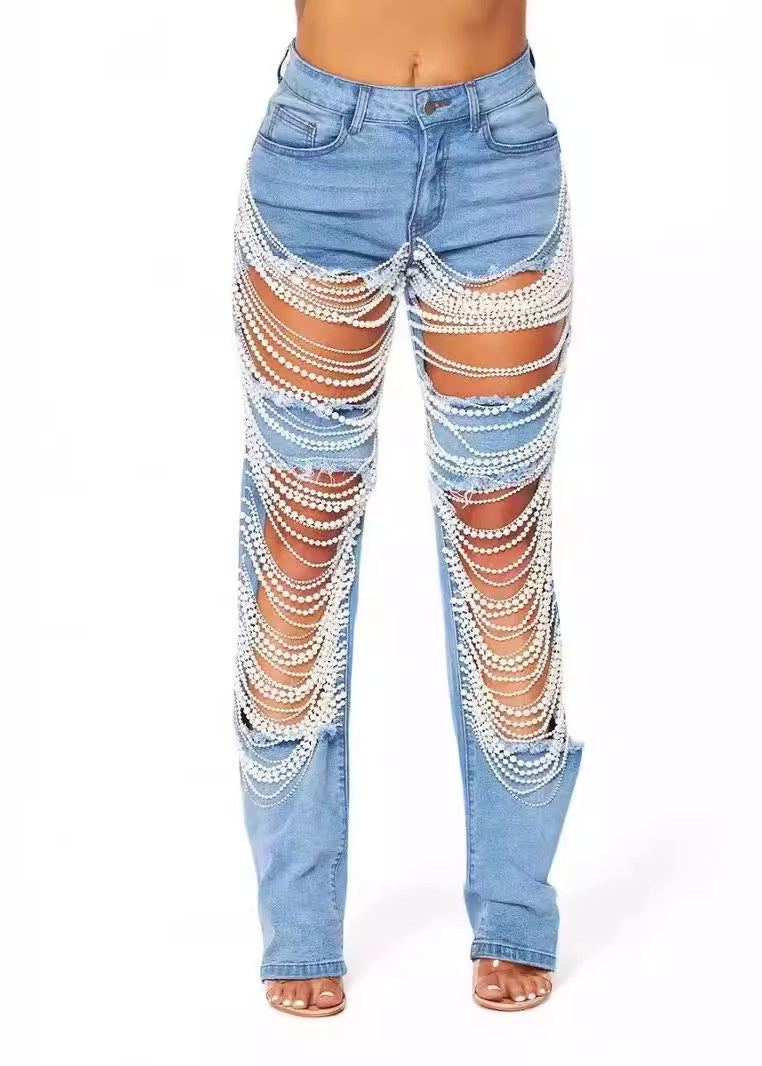 Unique Blue High Waist Ripped Beam Pants Fall
