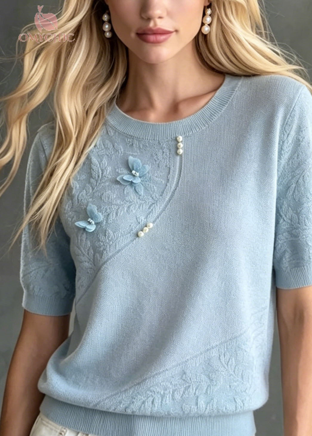 Unique Blue Jacquard O Neck Butterfly Thin Knit Top Summer