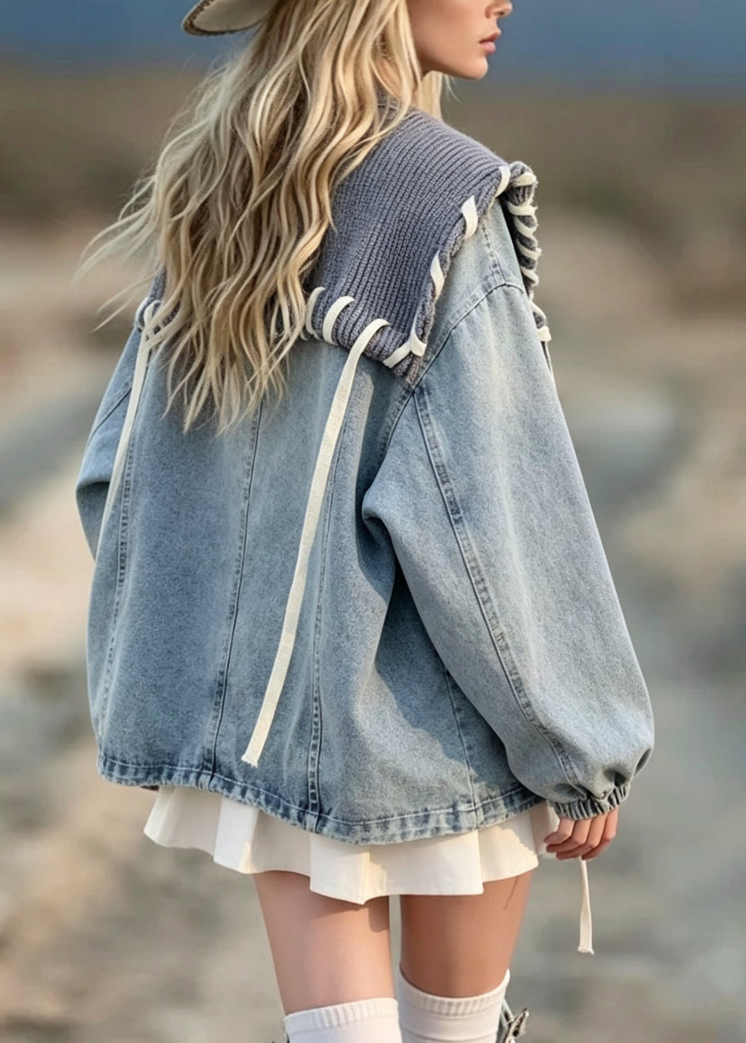 Unique Blue Knit Sailor Collar Patchwork Denim Coat Fall
