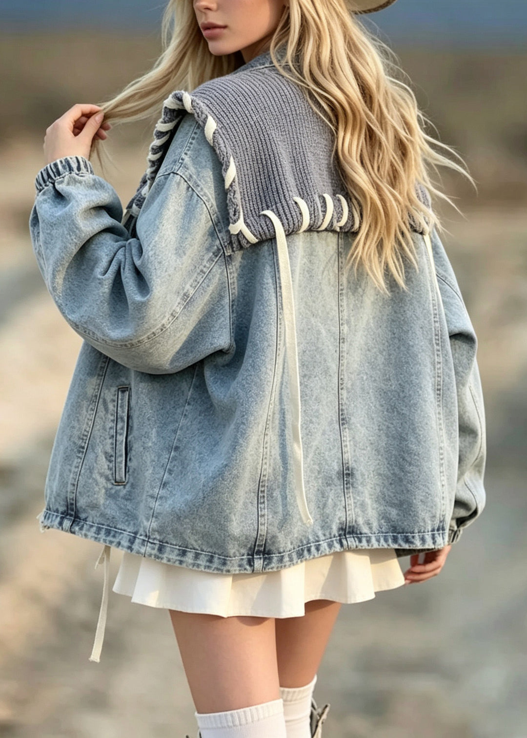 Unique Blue Knit Sailor Collar Patchwork Denim Coat Fall