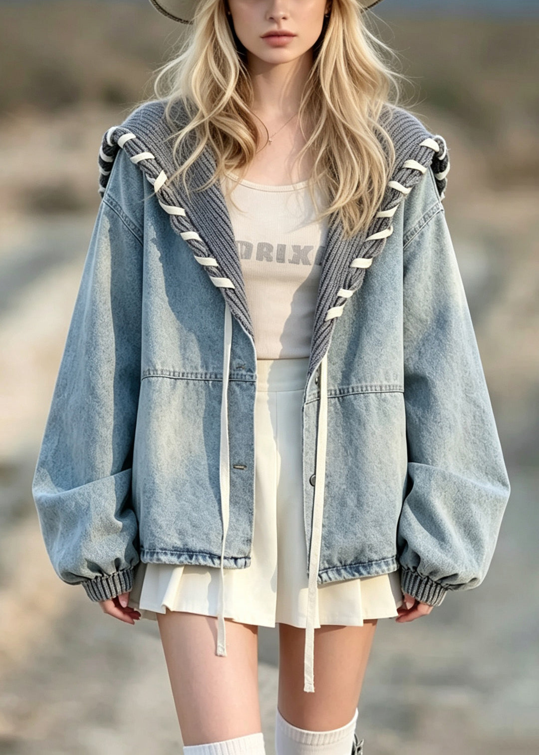 Unique Blue Knit Sailor Collar Patchwork Denim Coat Fall