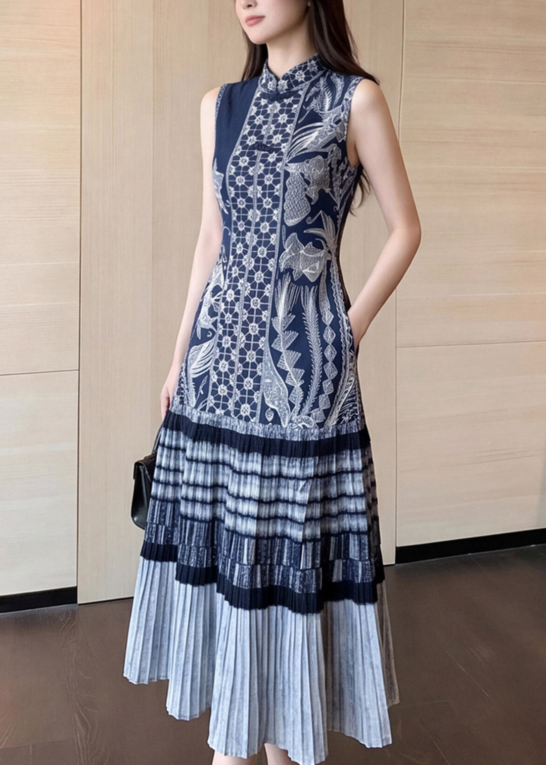 Unique Blue Mandarin Collar Print Maxi Dresses Sleeveless