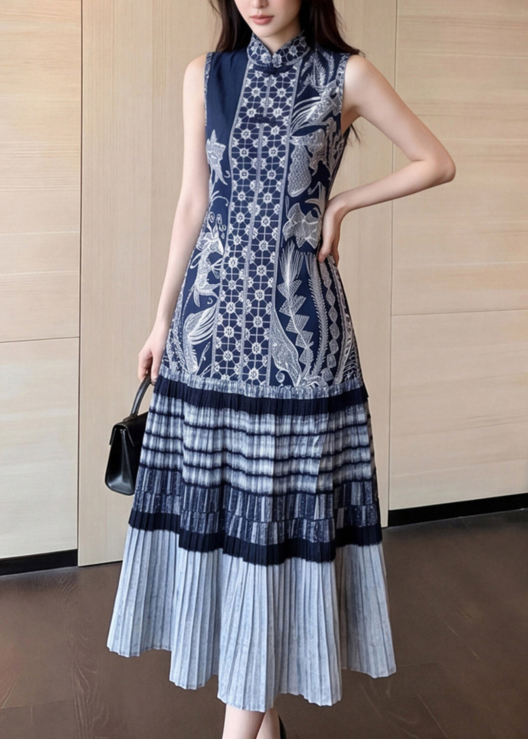 Unique Blue Mandarin Collar Print Maxi Dresses Sleeveless
