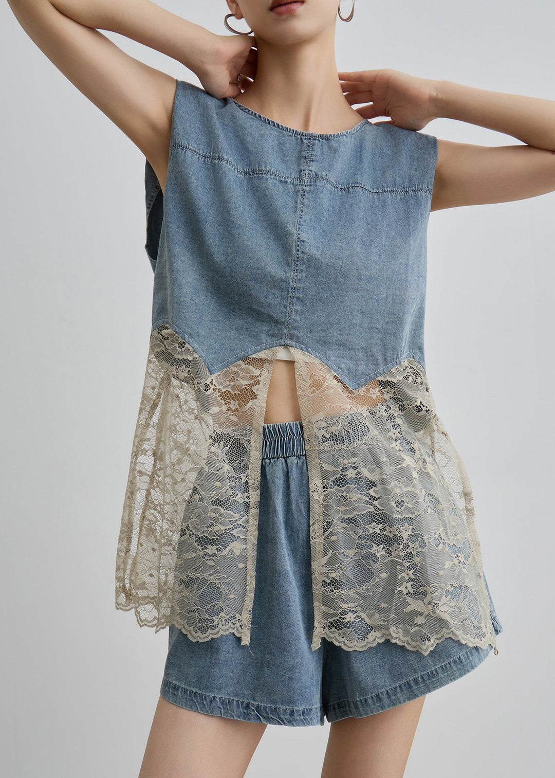 Unique Blue O Neck Lace Patchwork Denim Two Pieces Set Summer