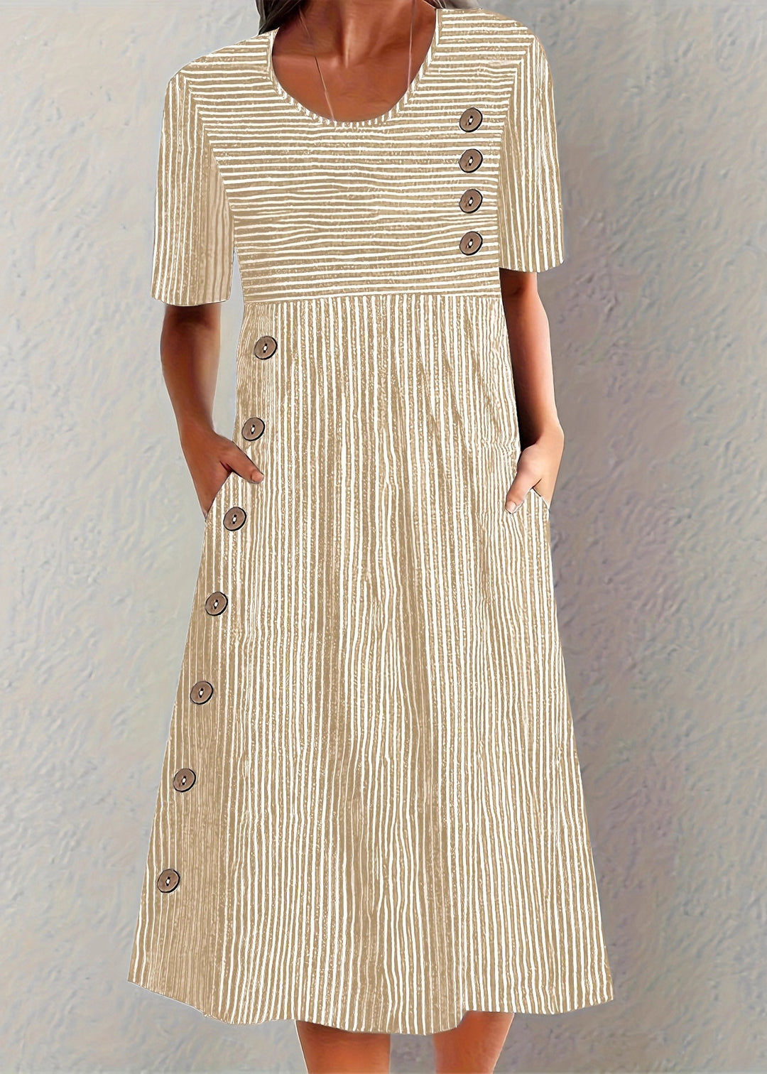 Unique Blue O Neck Striped Pockets Cotton Dress Summer