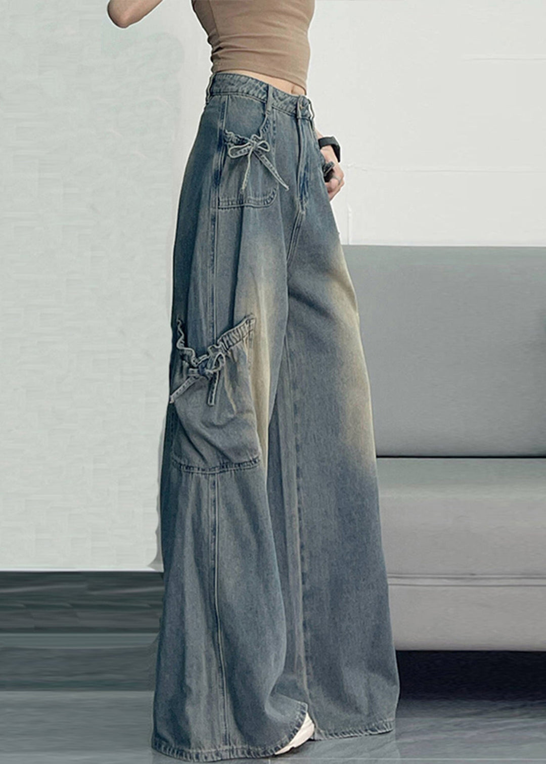 Unique Blue Oversized Pockets Denim Wide Leg Pants Spring