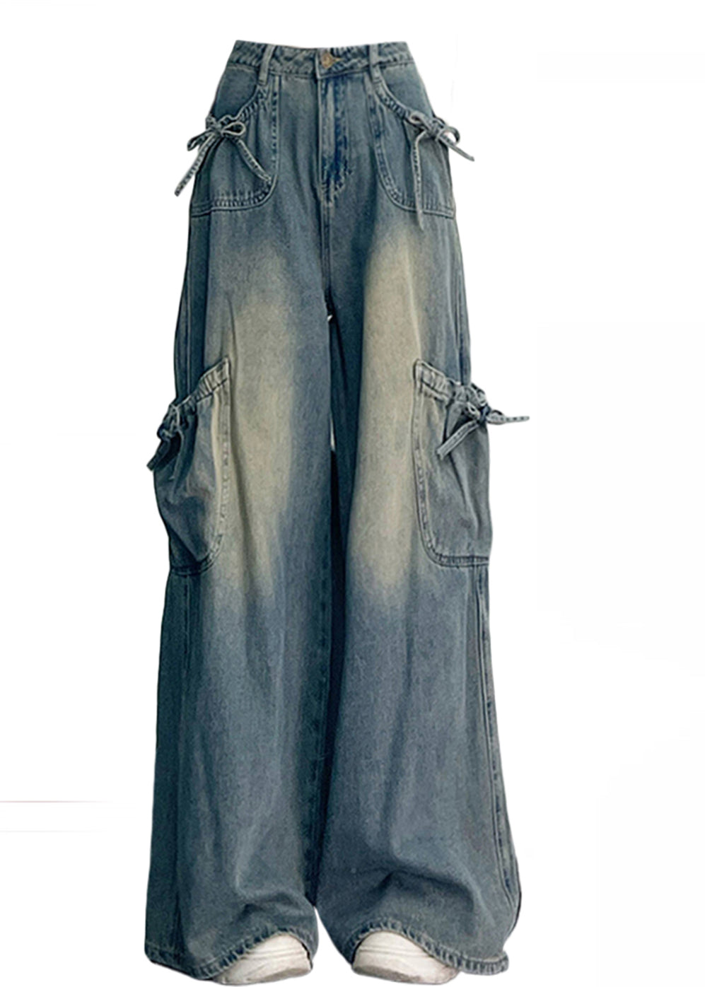 Unique Blue Oversized Pockets Denim Wide Leg Pants Spring