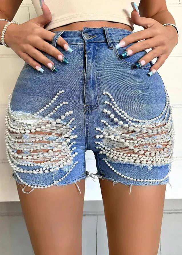 Unique Blue Patchwork Pearl Tassel Ripped Denim Shorts Summer