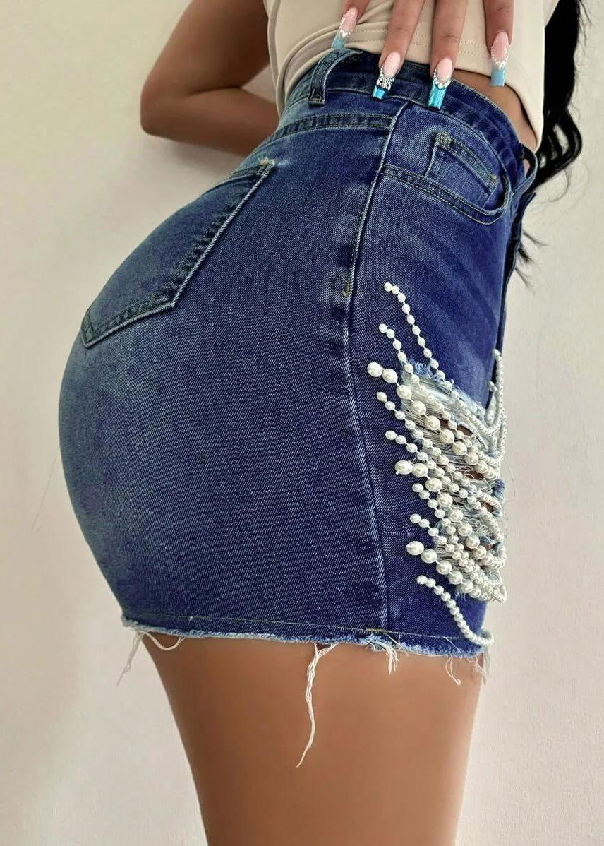 Unique Blue Patchwork Pearl Tassel Ripped Denim Shorts Summer