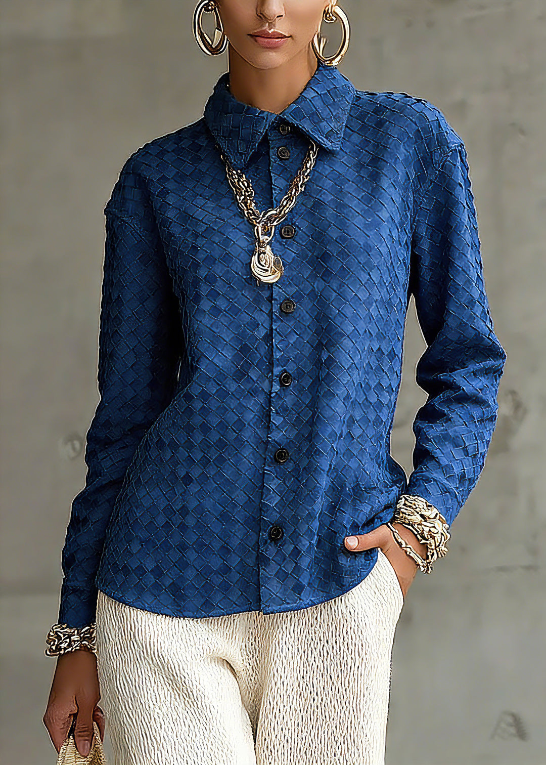 Unique Blue Peter Pan Collar Plaid Button Faux Suede Shirt Spring