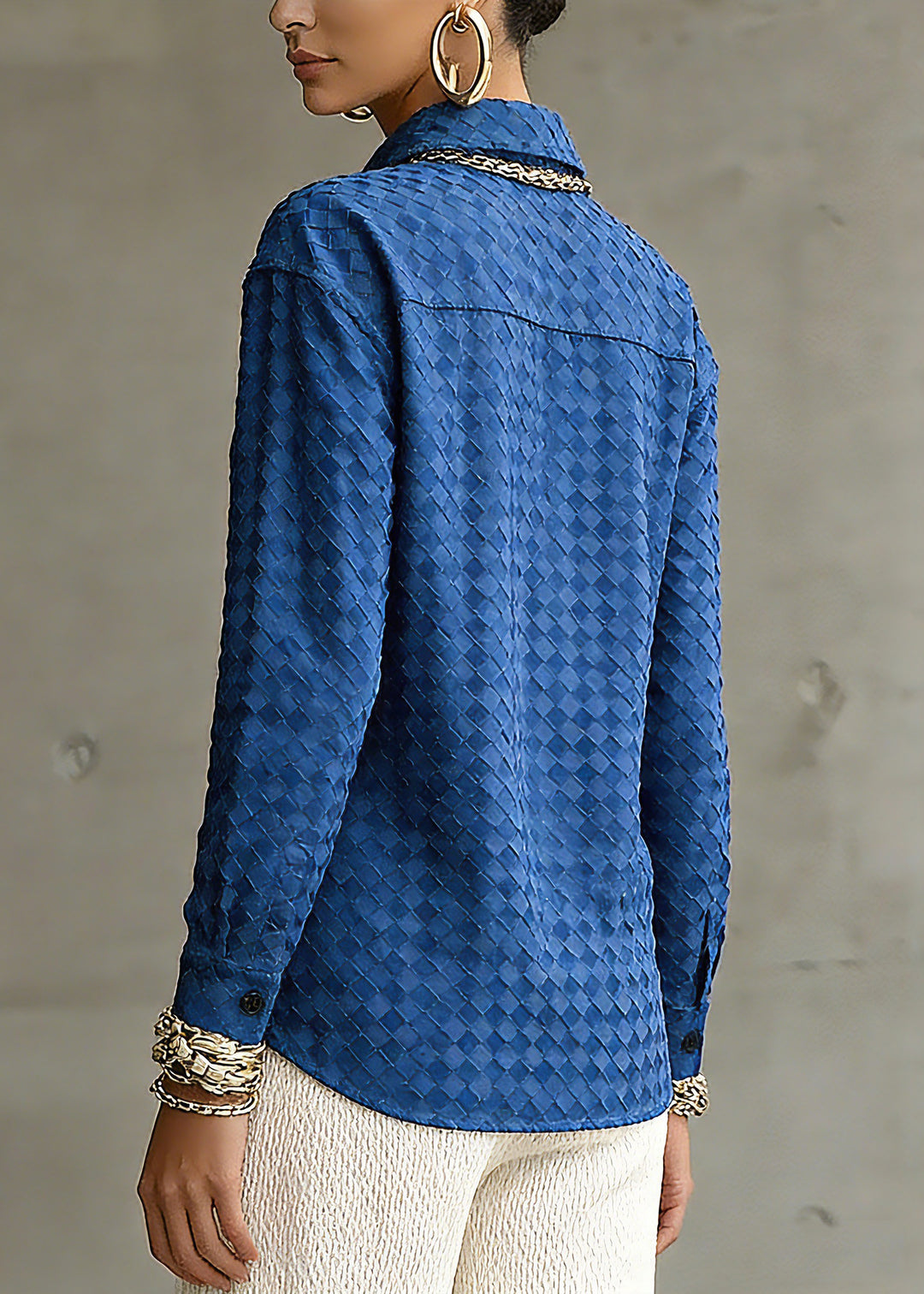 Unique Blue Peter Pan Collar Plaid Button Faux Suede Shirt Spring