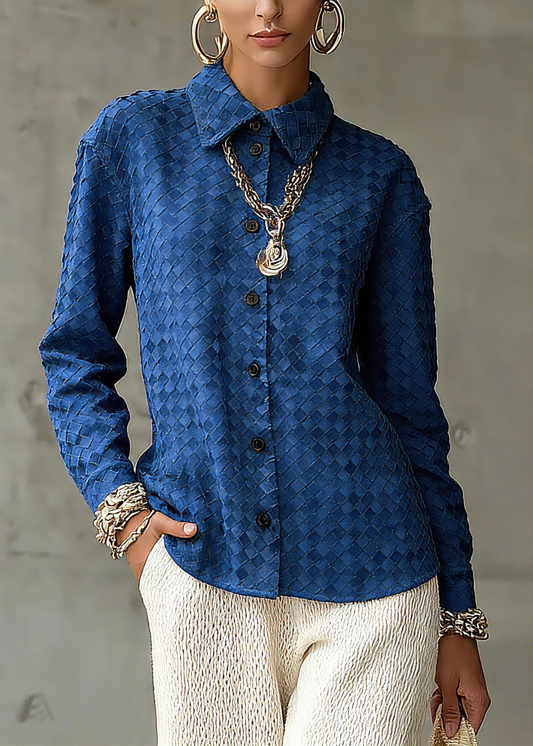 Unique Blue Peter Pan Collar Plaid Button Faux Suede Shirt Spring