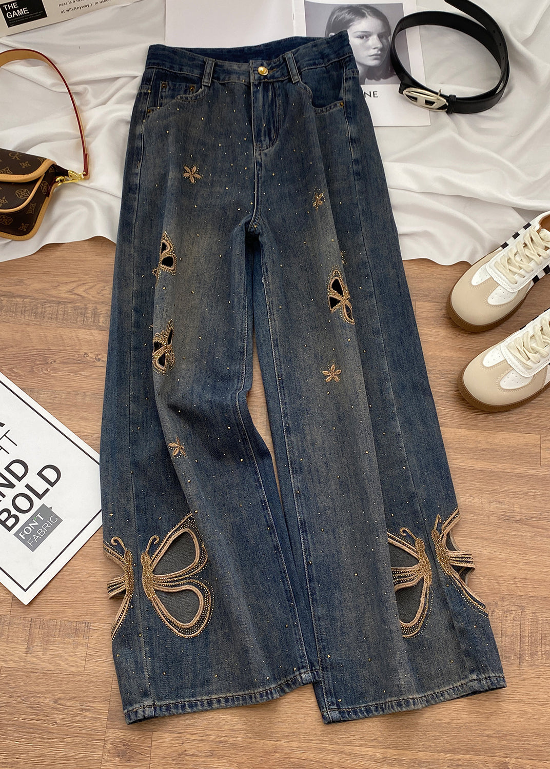 Unique Blue Pockets Hollow Out Butterfly Zircon Denim Pants Fall