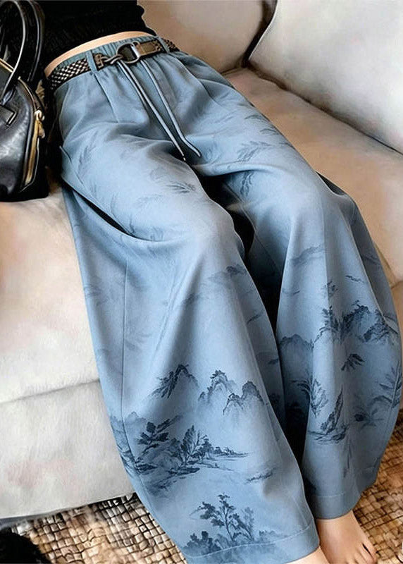 Unique Blue Print Drawstring Wide Leg Trousers Summer