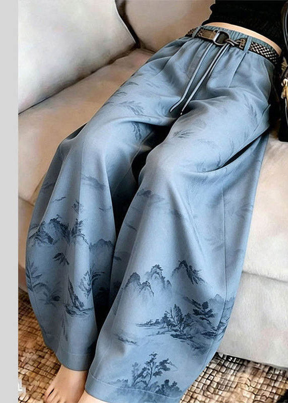 Unique Blue Print Drawstring Wide Leg Trousers Summer