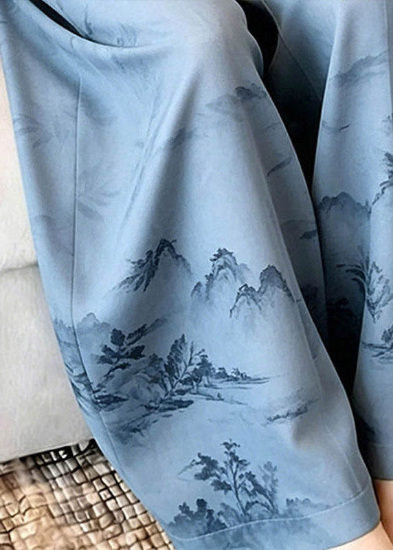 Unique Blue Print Drawstring Wide Leg Trousers Summer