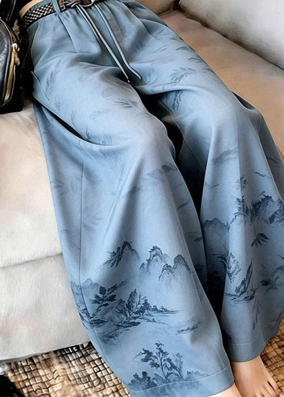 Unique Blue Print Drawstring Wide Leg Trousers Summer