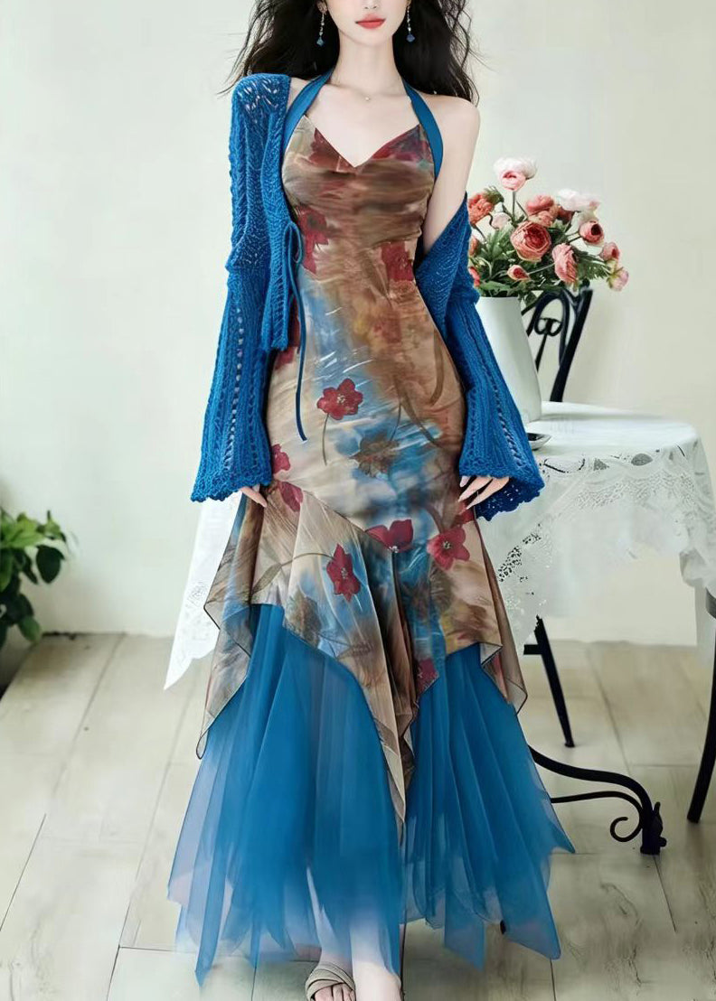 Unique Blue Print Patchwork Tulle Dress And Cardigan Two Pieces Set Fall