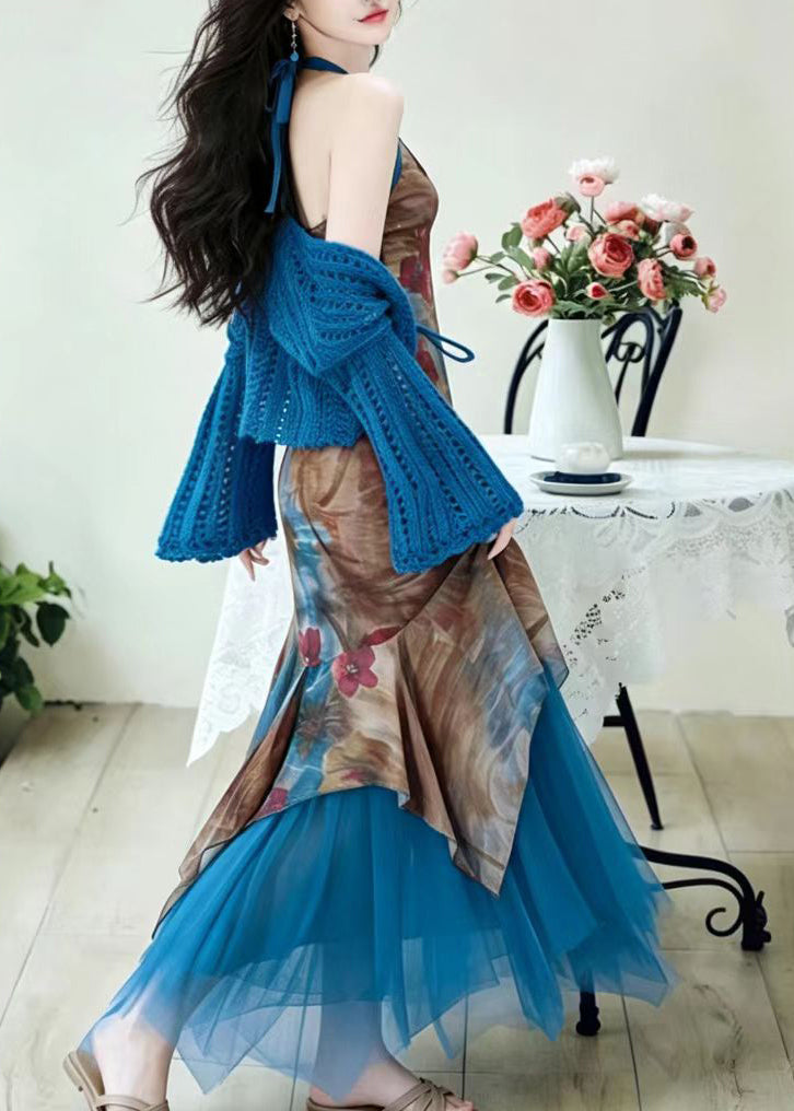 Unique Blue Print Patchwork Tulle Dress And Cardigan Two Pieces Set Fall