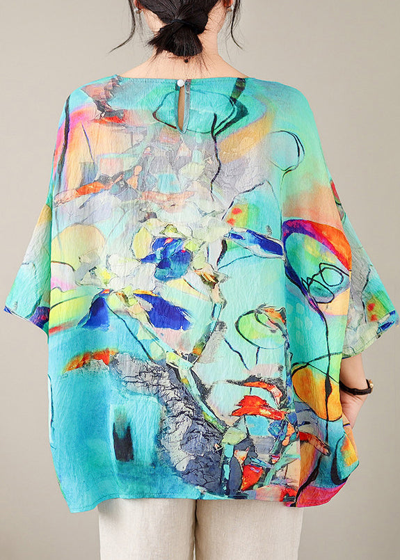 Unique Blue Print T Shirt Batwing Sleeve