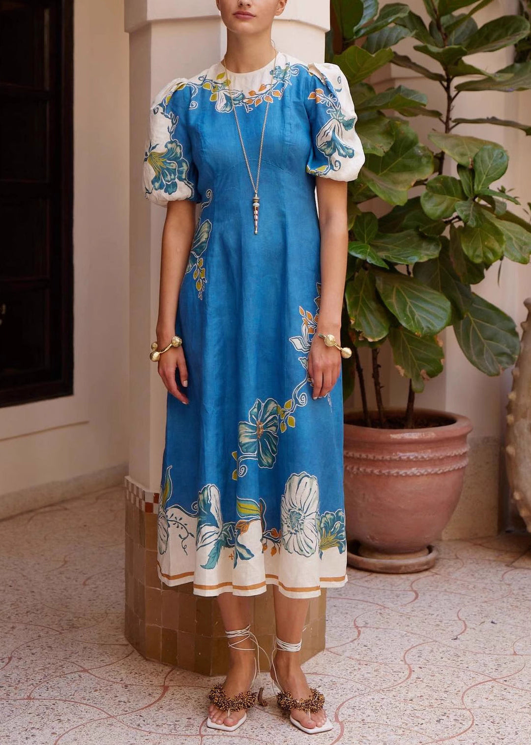 Unique Blue Puff Sleeve Print Linen Robe Dresses