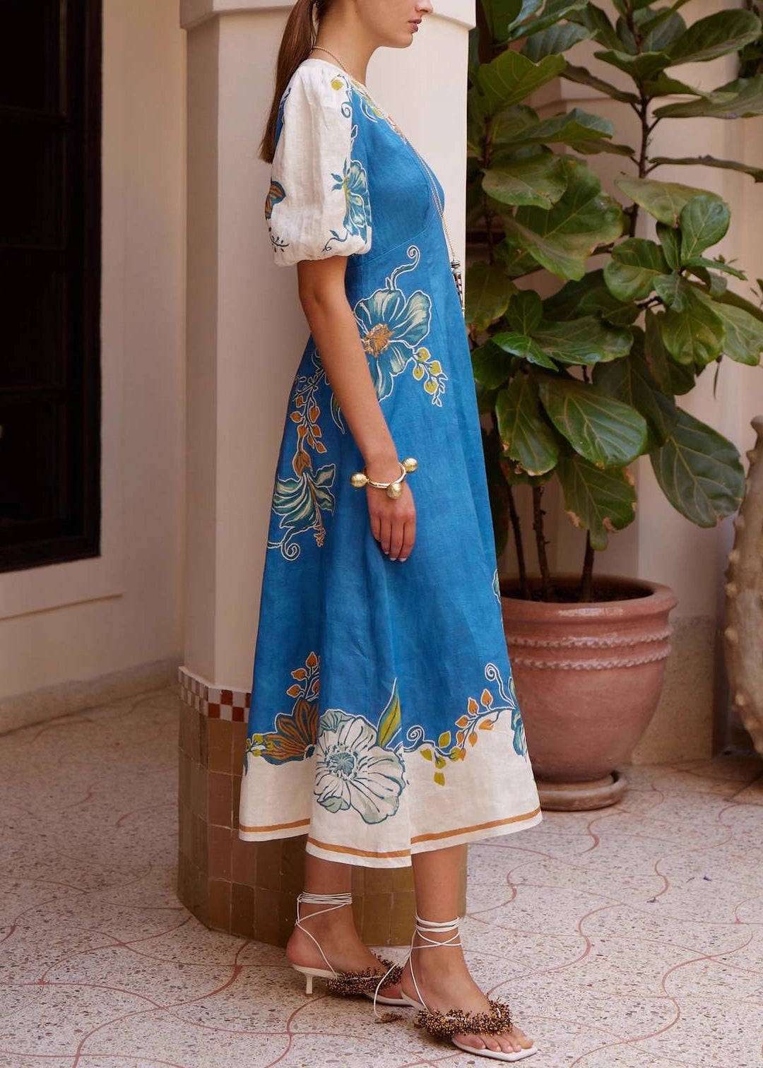 Unique Blue Puff Sleeve Print Linen Robe Dresses
