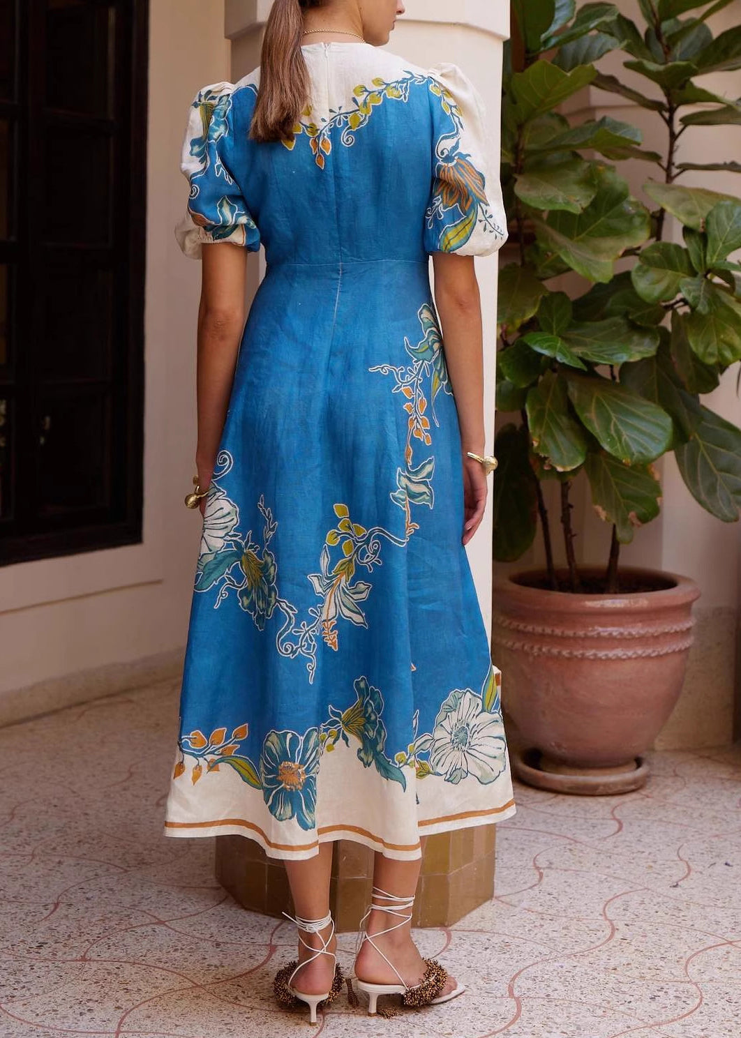 Unique Blue Puff Sleeve Print Linen Robe Dresses