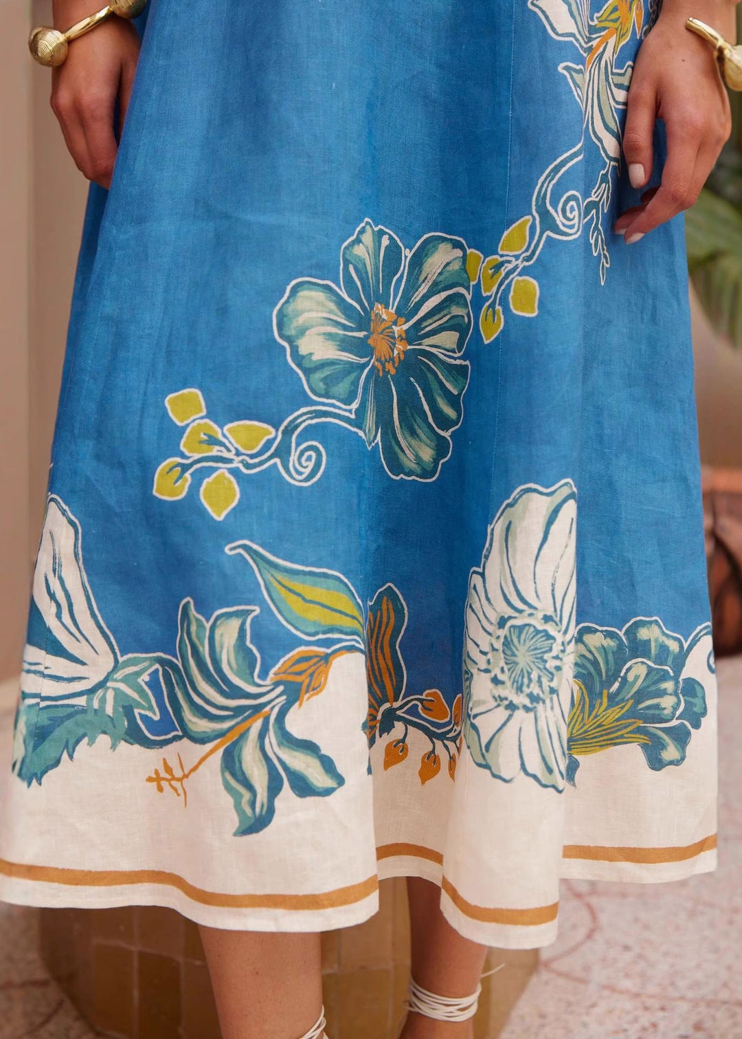 Unique Blue Puff Sleeve Print Linen Robe Dresses