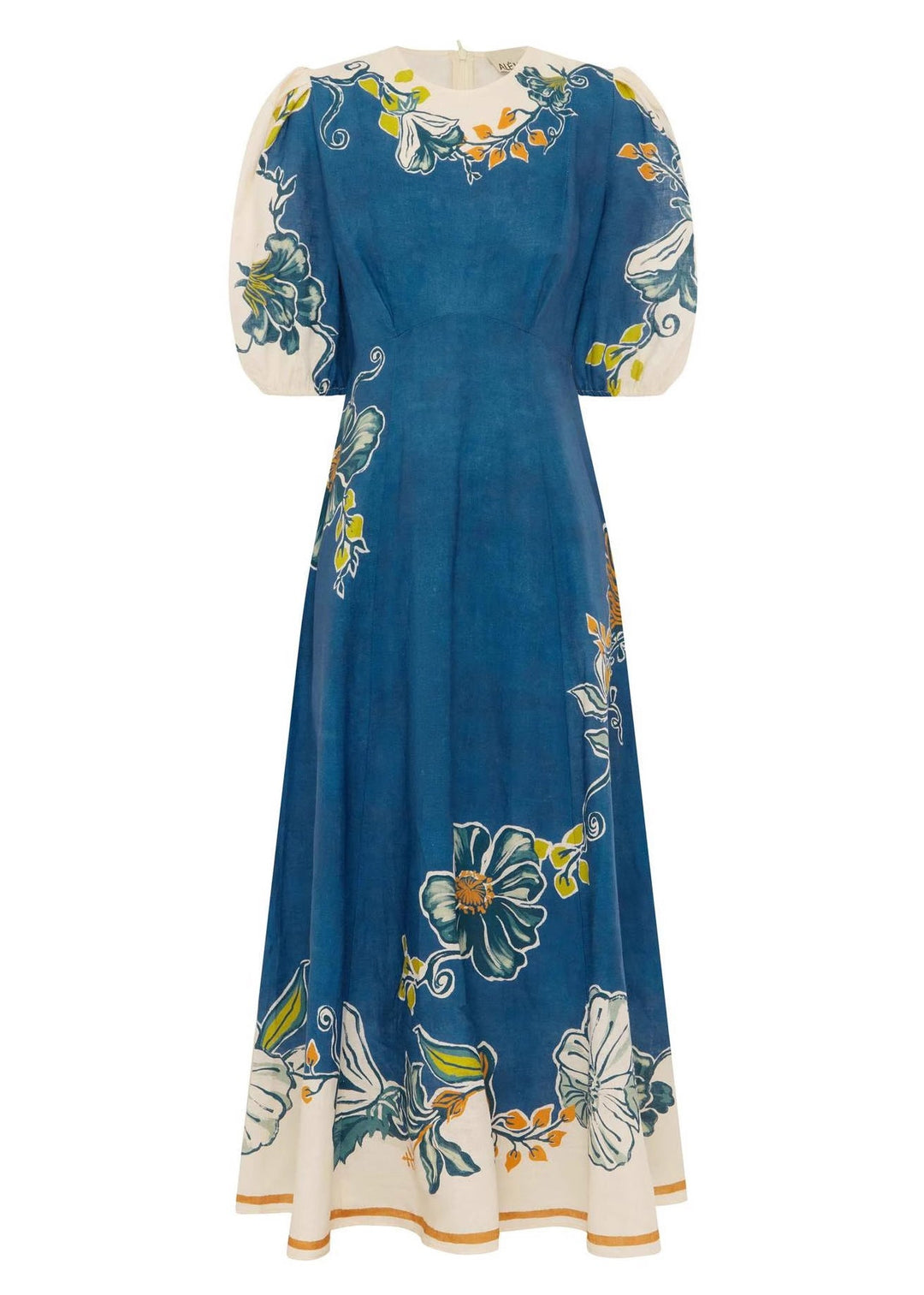 Unique Blue Puff Sleeve Print Linen Robe Dresses