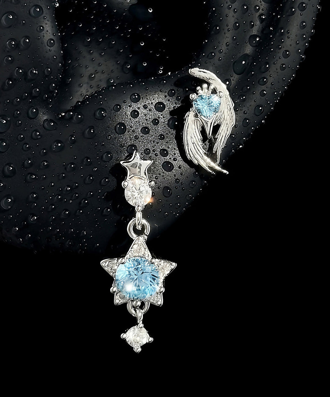 Unique Blue Stainless Steel Zircon Crystal Asymmetrical Drop Earrings