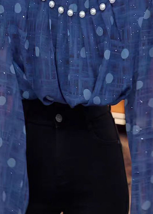 Unique Blue Stand Collar Nail Bead Chiffon Shirts Fall